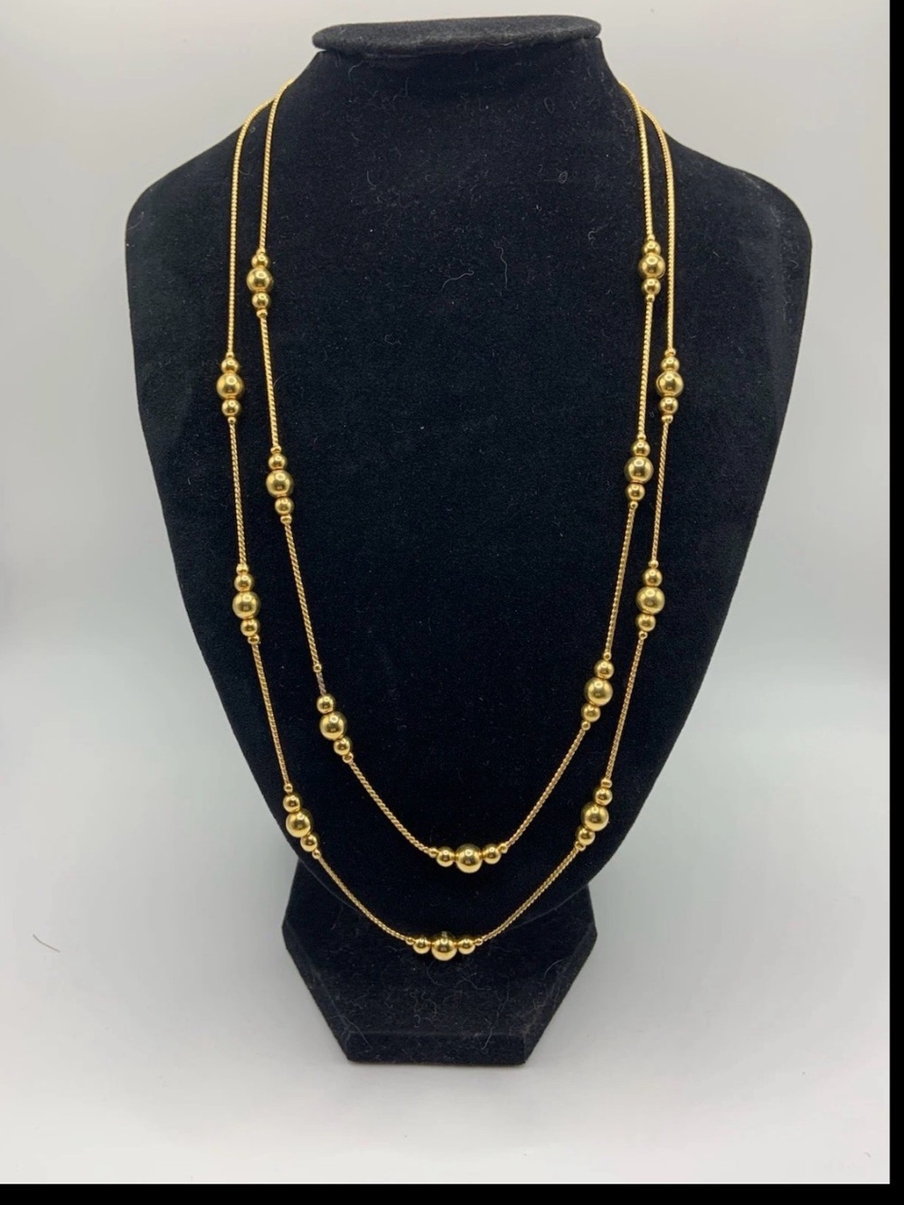 VTG Avon Double Strand Gold Tone Beaded Necklace Signed 20”,22”